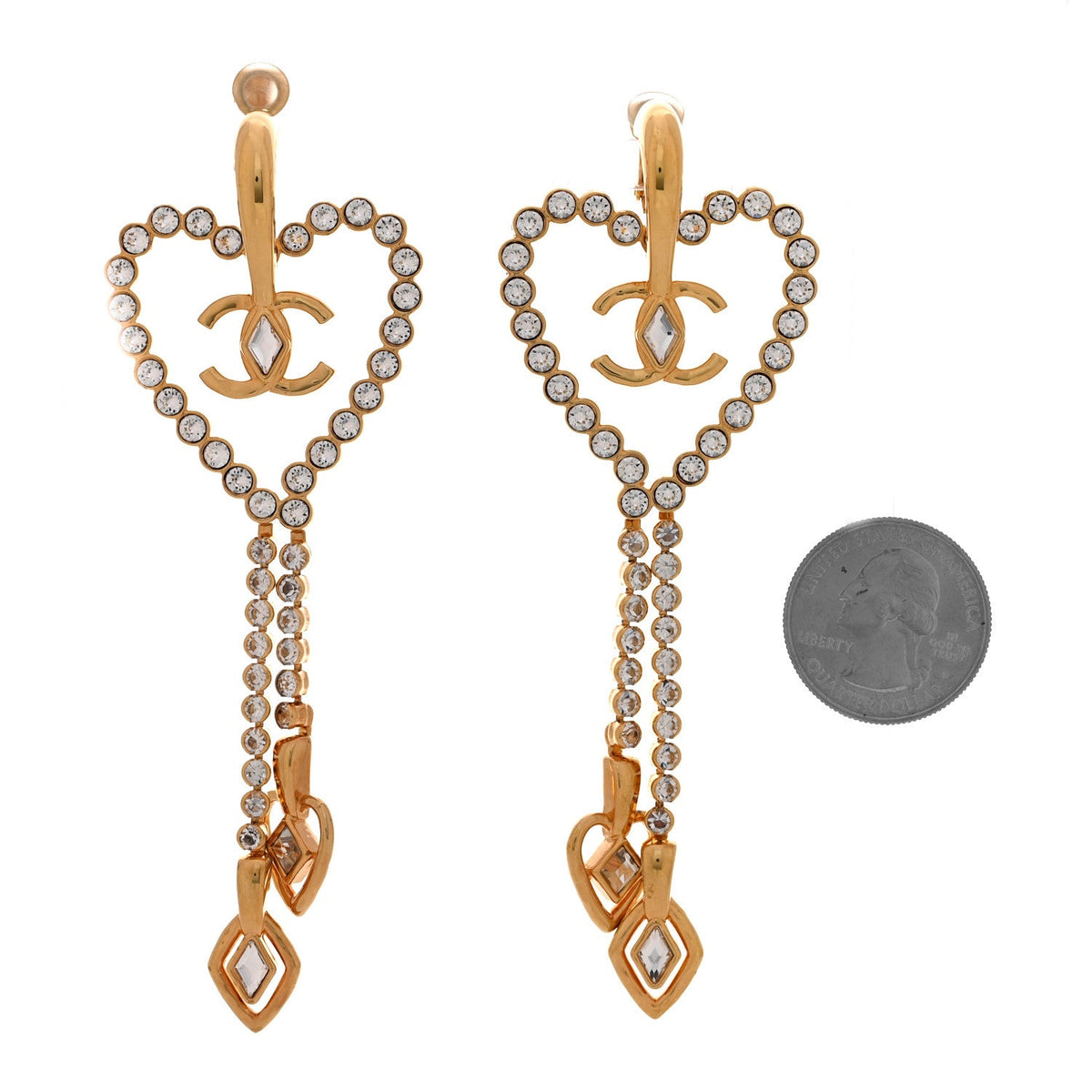 Metal Crystal CC Heart Chain Drop Clip On Earrings Gold
