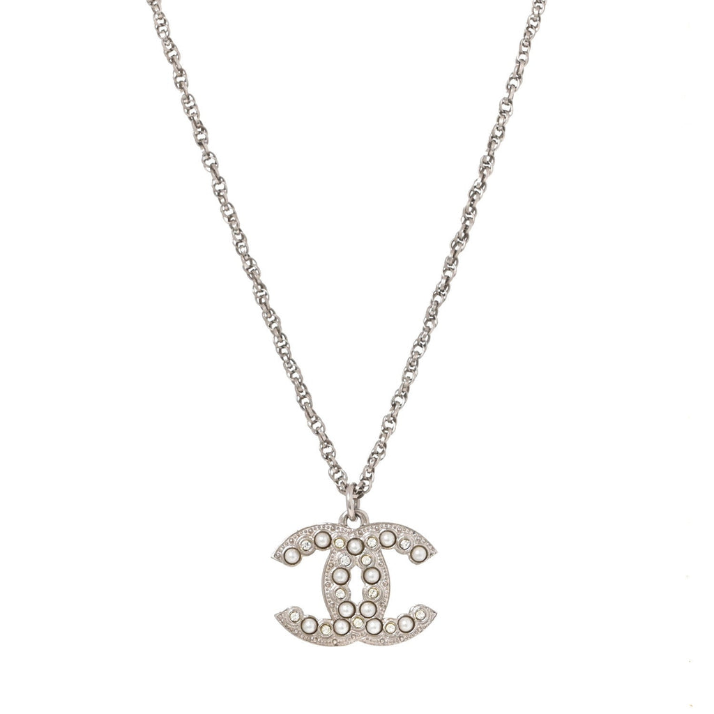 Crystal Pearl CC Necklace Silver
