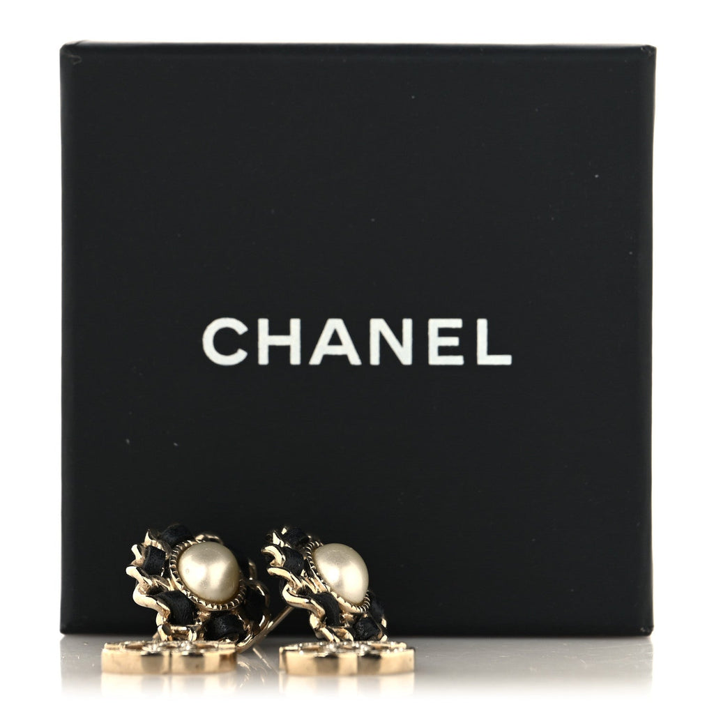 Pearl Lambskin Crystal CC Drop Earrings Gold White Black
