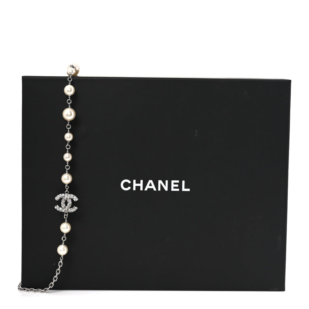 Graduated Pearl Crystal CC Long Necklace Silver
