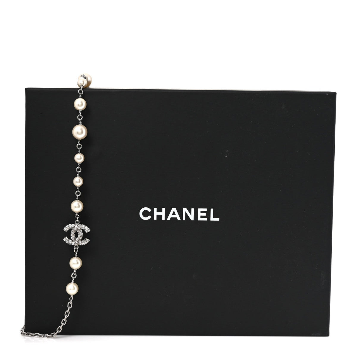 Graduated Pearl Crystal CC Long Necklace Silver