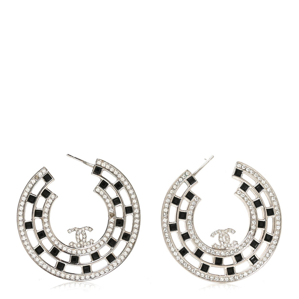 Baguette Crystal CC Hoop Earrings Silver Black