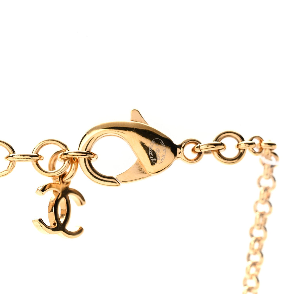 Metal Enamel Pearl CC Necklace Gold Black White
