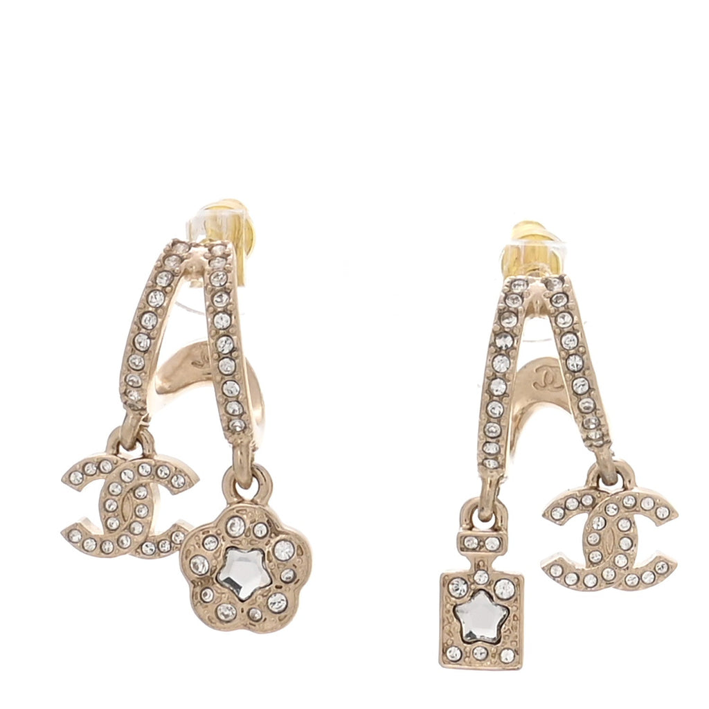 Crystal CC Camellia Perfume Bottle Double Hoop Earrings Gold