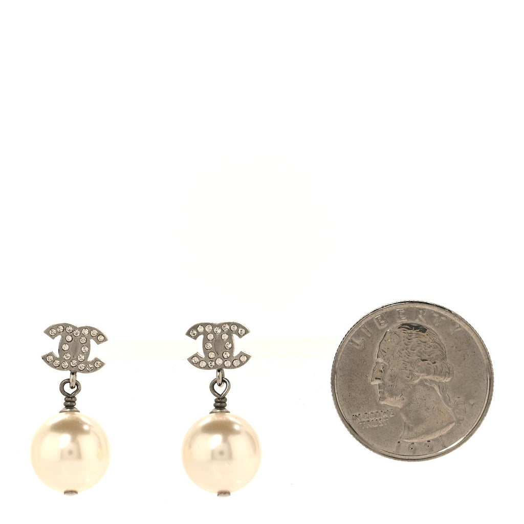Crystal Pearl CC Drop Earrings Silver Pearly White