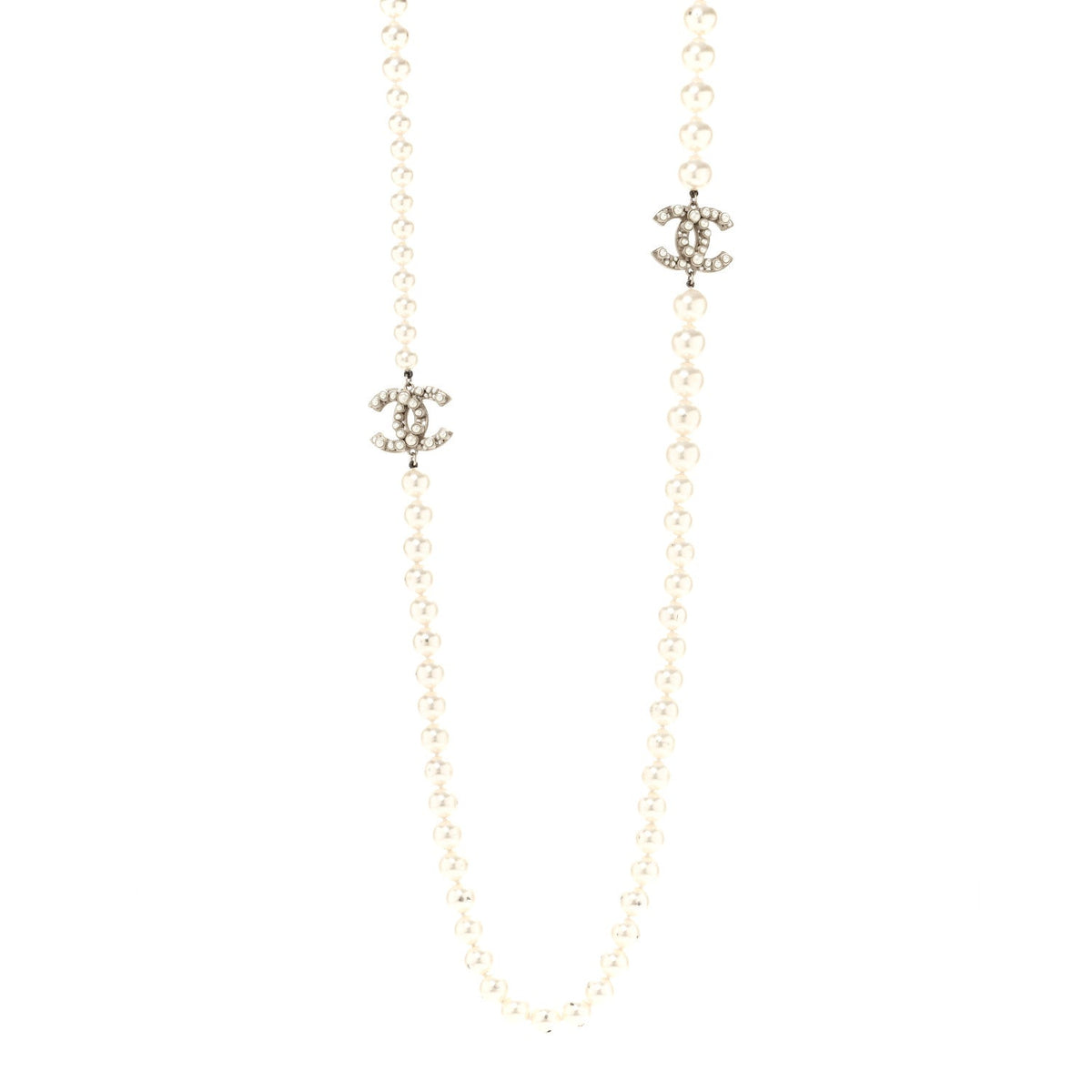 Crystal Pearl CC Long Necklace Gold