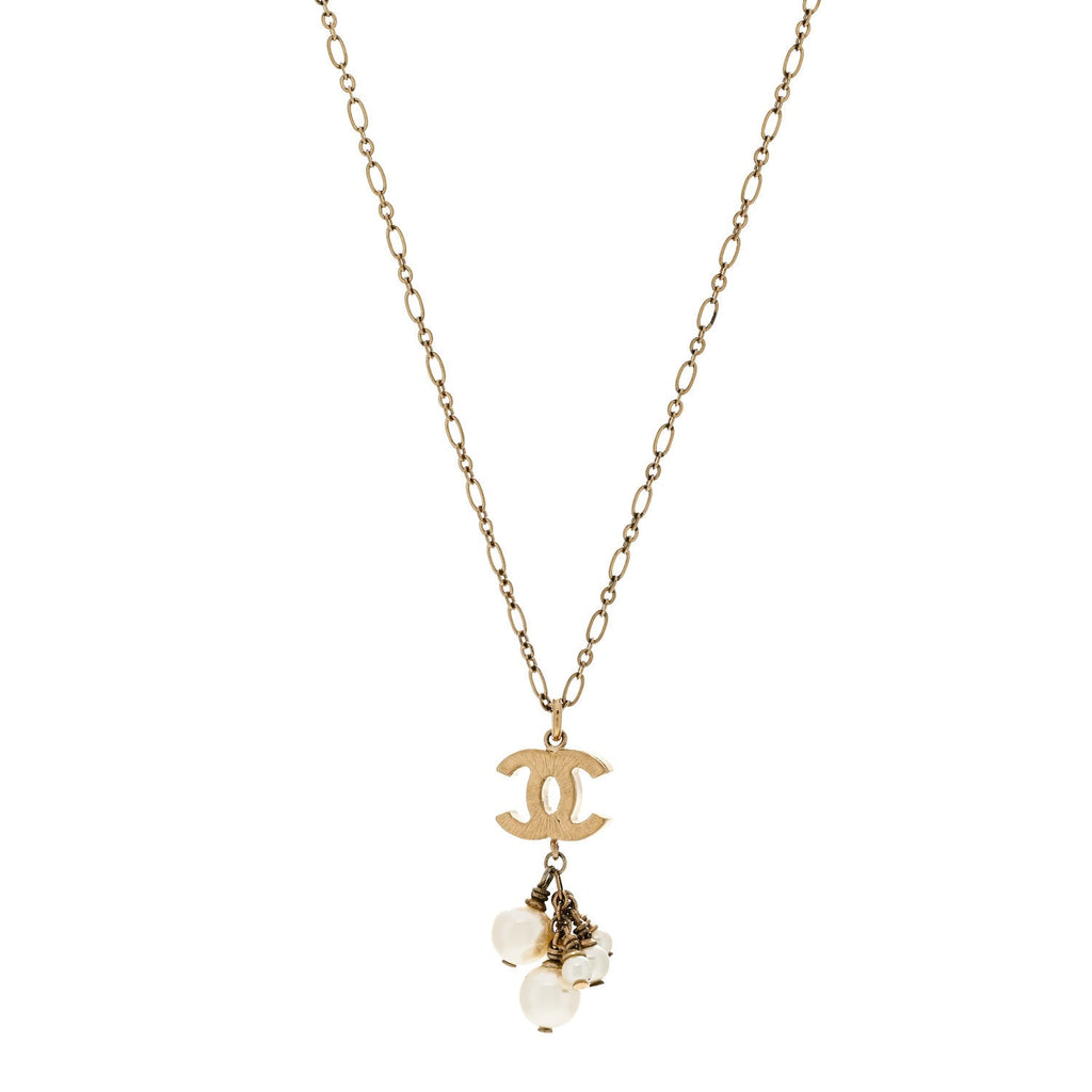 Pearl CC Logo Drop Necklace Gold