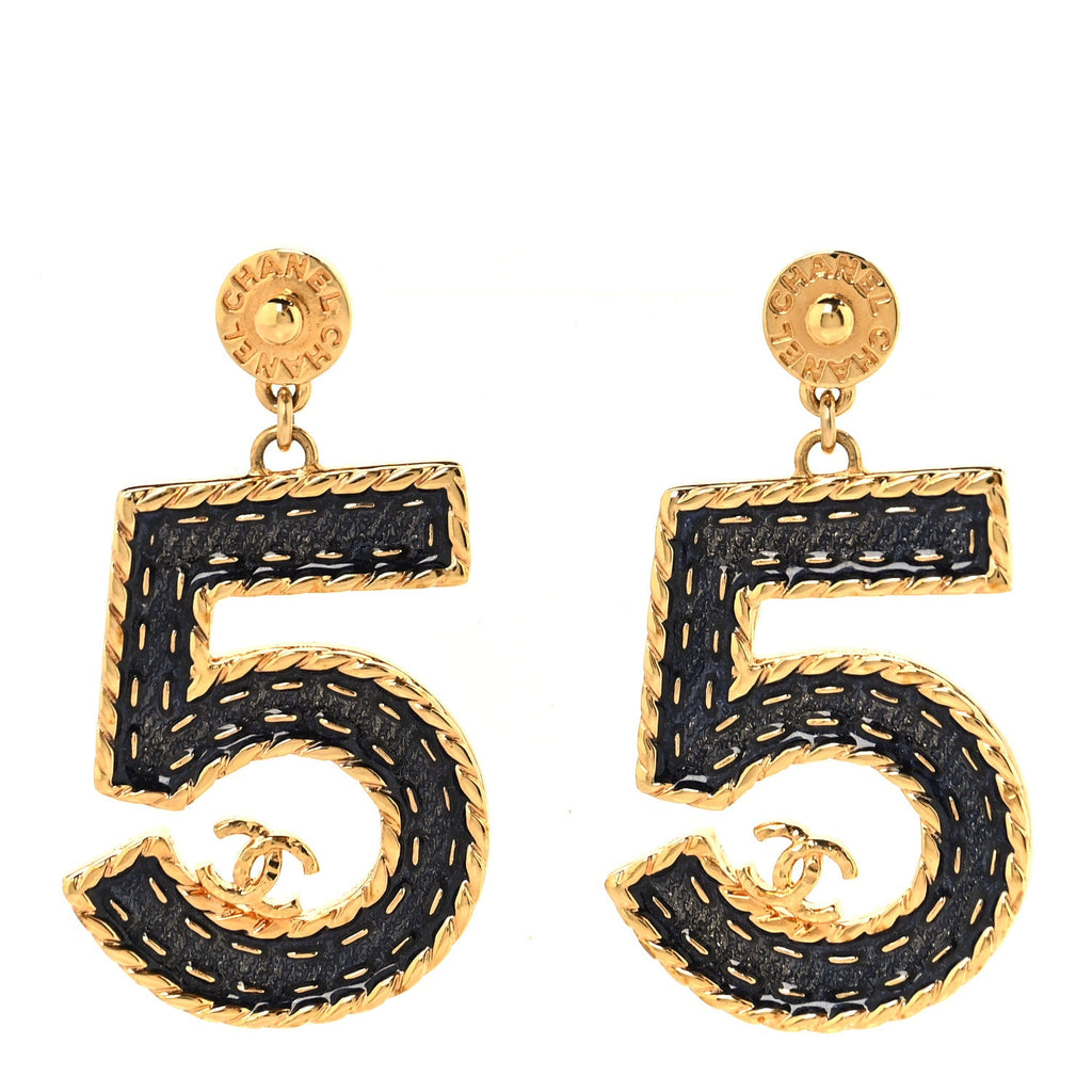 Metal Enamel CC No 5 Rope Drop Earrings Gold Denim Blue