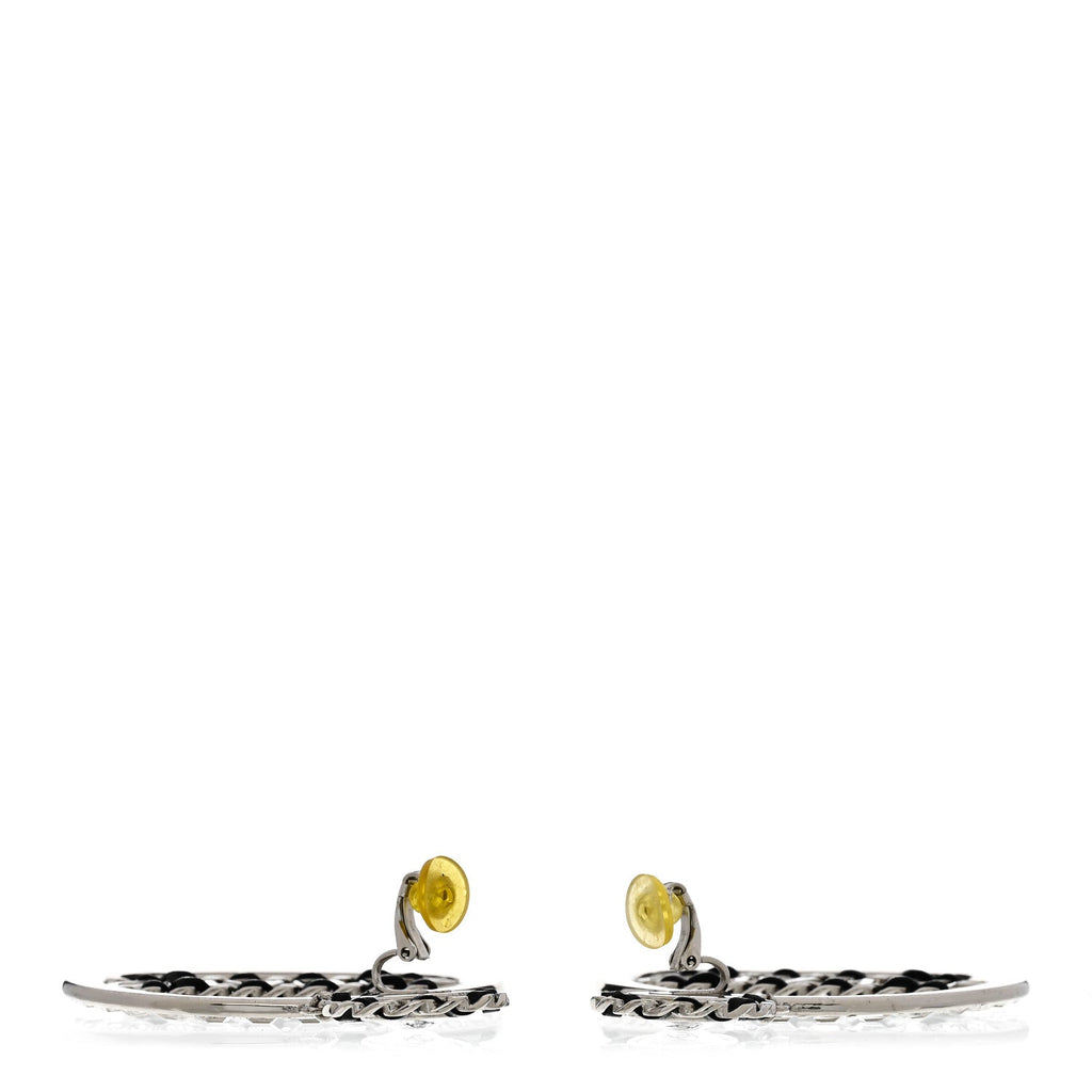 Crystal Lambskin Chain CC Hoop Clip On Earrings Black Silver