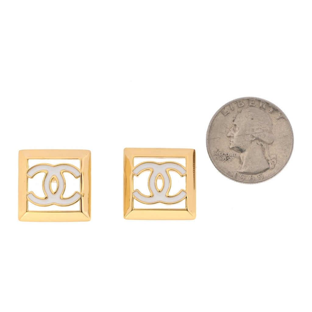 Metal Enamel CC Square Earrings Gold White