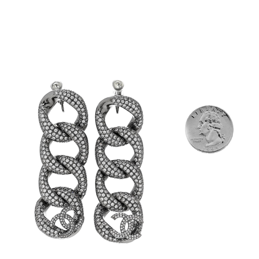 Crystal Chain Link CC Drop Clip On Earrings Black