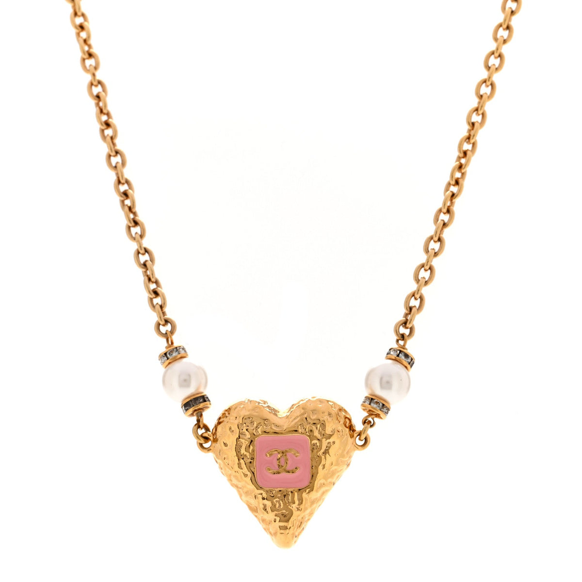 Resin Crystal Pearl Chain Heart CC Pendant Choker Necklace Pink White Gold