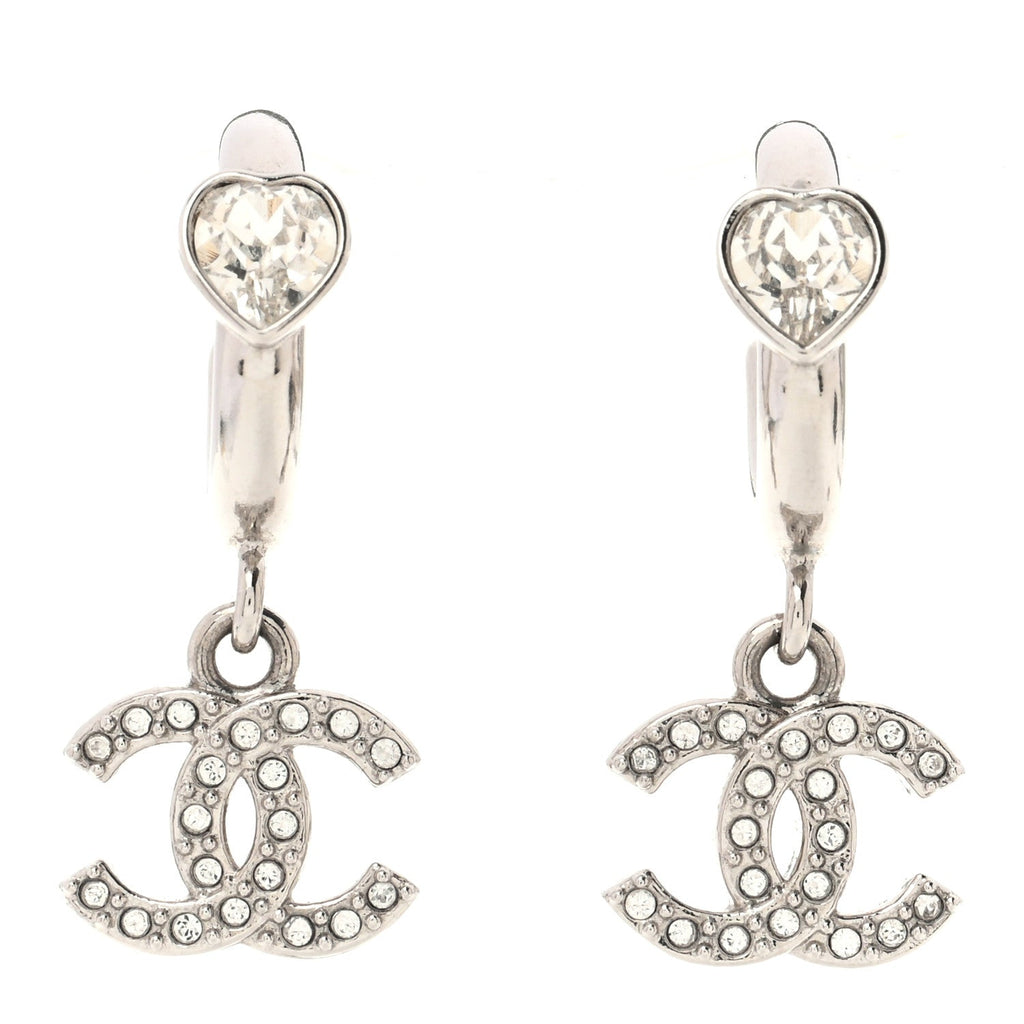 Crystal CC Heart Drop Hoop Earrings Silver