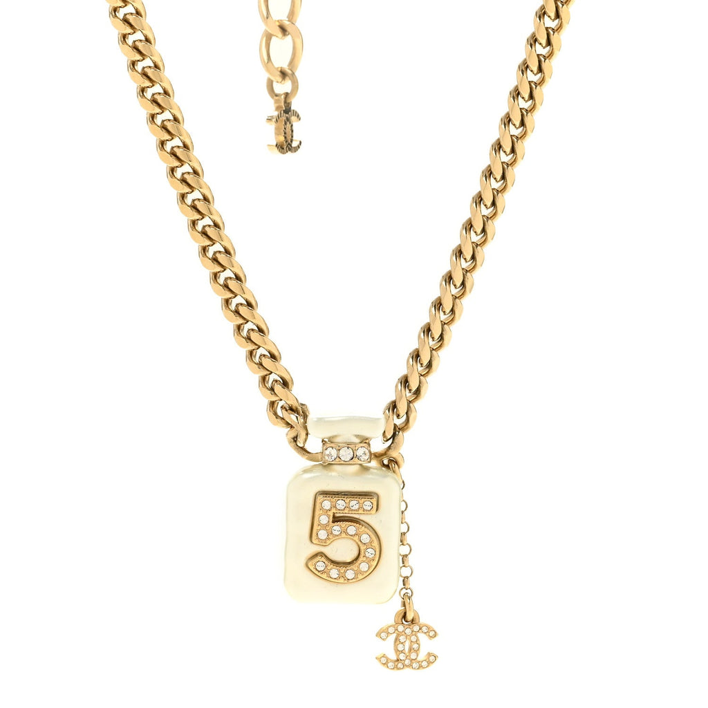 Pearl Resin Crystal CC No 5 Perfume Bottle Necklace Gold Pearly White