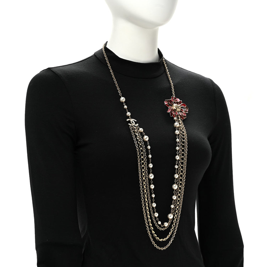 Resin Pearl Metal CC Camellia Multi Strand Long Necklace Gold Pink Multicolor