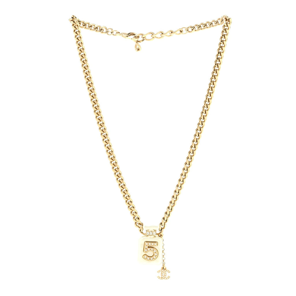 Pearl Resin Crystal CC No 5 Perfume Bottle Necklace Gold Pearly White