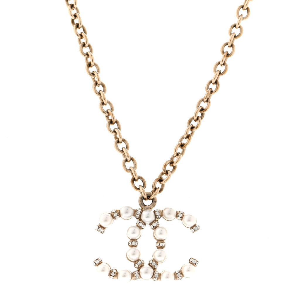 Crystal Pearl Nefertiti CC Pendant Necklace Gold
