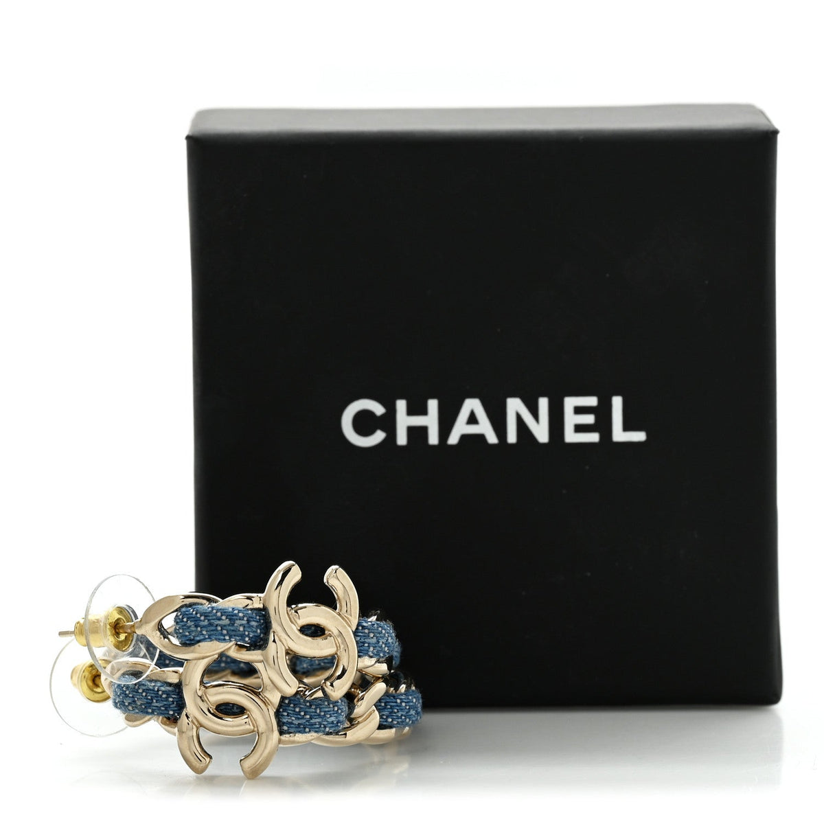 Metal Denim CC Chain Hoop Earrings Gold Blue