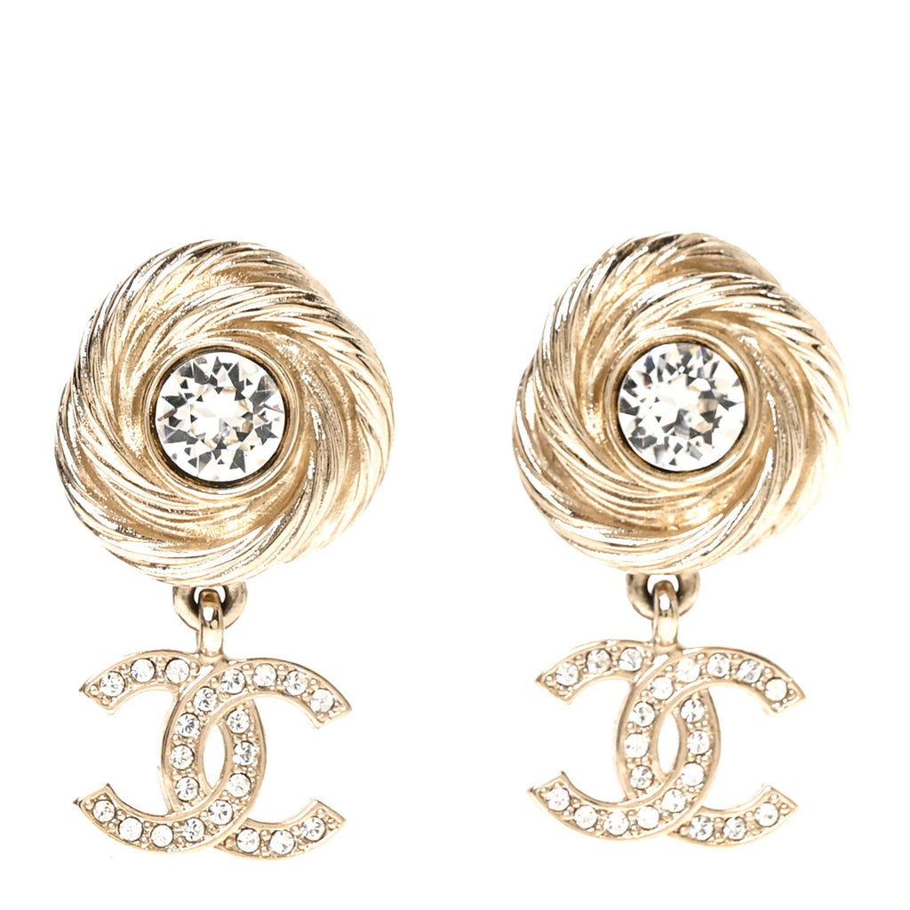 Metal Crystal CC Drop Earrings Gold