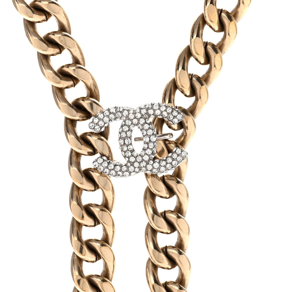 Chain Link Crystal CC Dog Tag Charm Necklace Gold