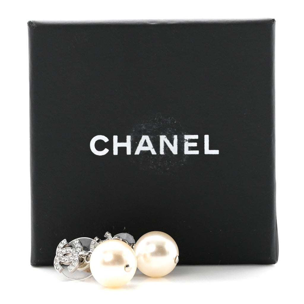 Crystal Pearl CC Drop Earrings Silver Pearly White