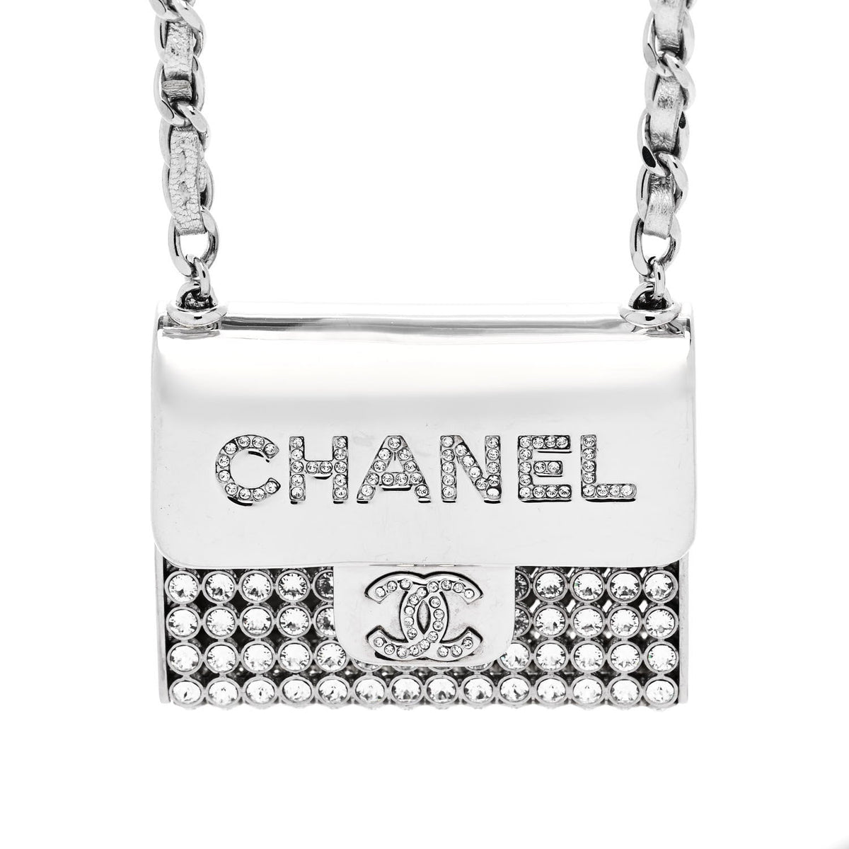 Metal Lambskin Strass Crystal Purse CC Long Necklace Silver