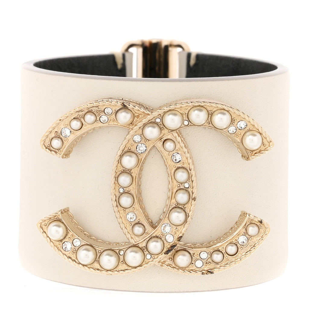 Calfskin Crystal Pearls Coronation Cuff M White