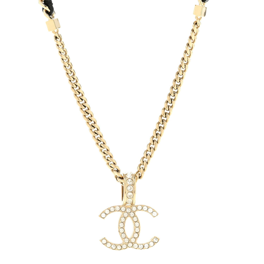Lambskin Crystal CC Chain Pendant Necklace Black Gold