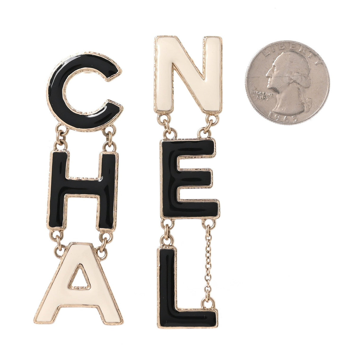 Metal Enamel Cha-Nel Logo Drop Earrings Black White