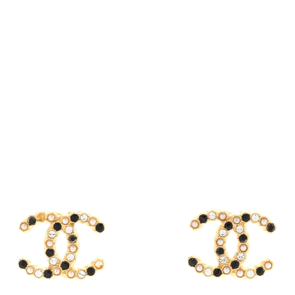 Resin Pearl Crystal CC Earrings Gold Black