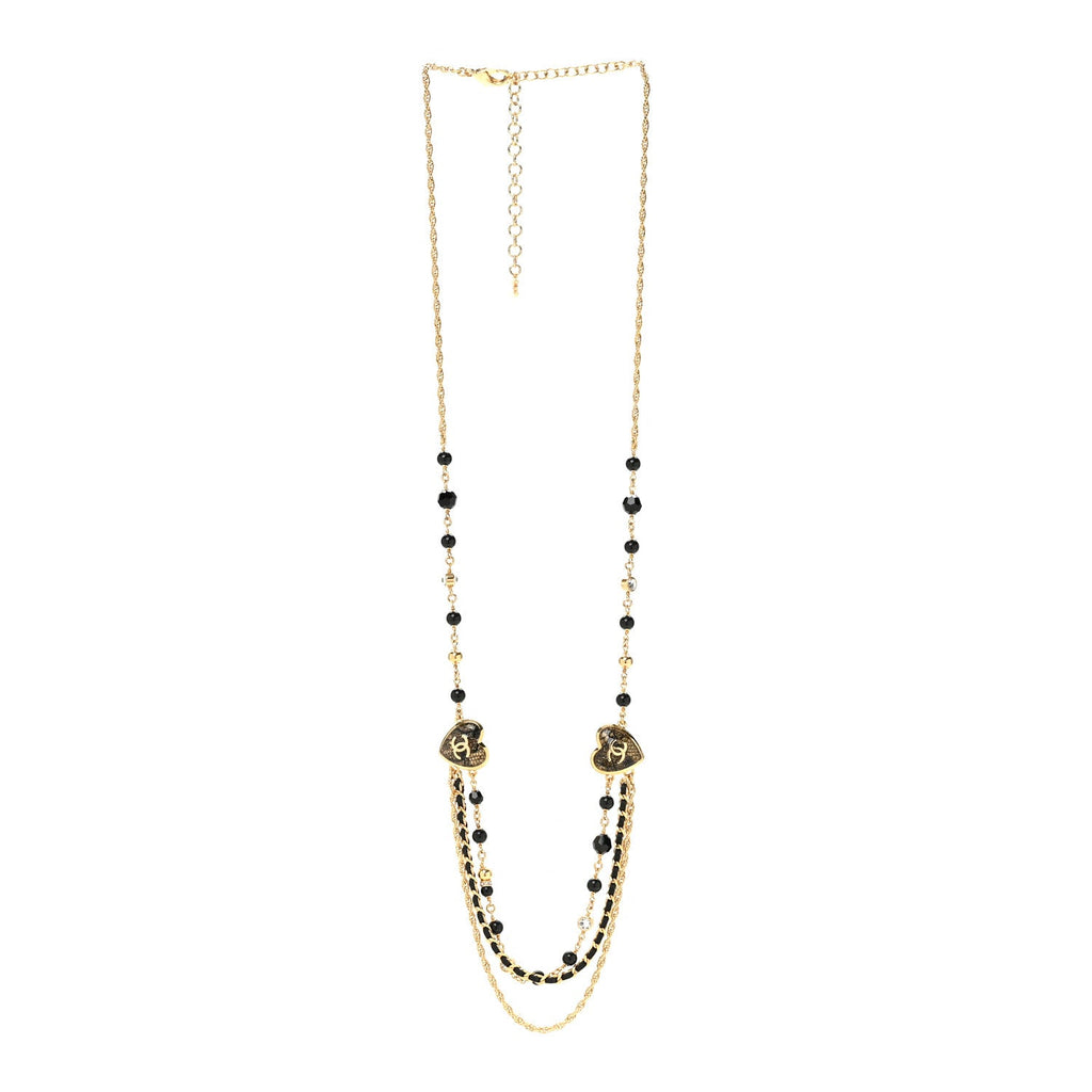 Crystal Beaded CC Heart Long Necklace Gold Black