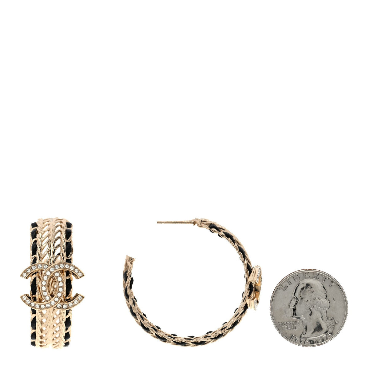 Crystal Lambskin CC Double Chain Hoop Earrings Gold Black