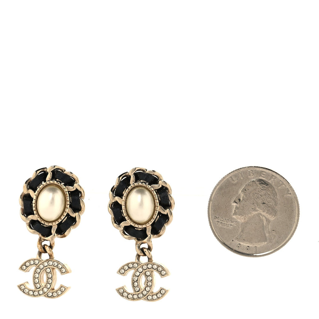 Pearl Lambskin Crystal CC Drop Earrings Gold White Black