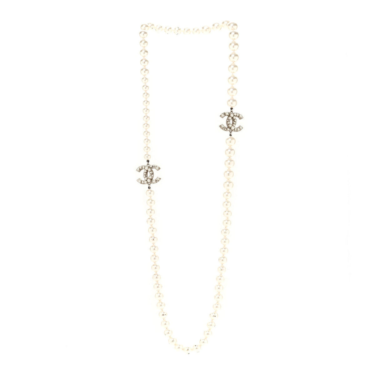 Crystal Pearl CC Long Necklace Gold