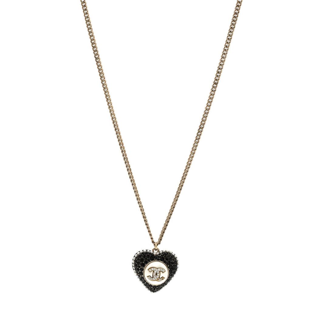 Pearl Crystal CC Heart Necklace Gold Pearly White Black