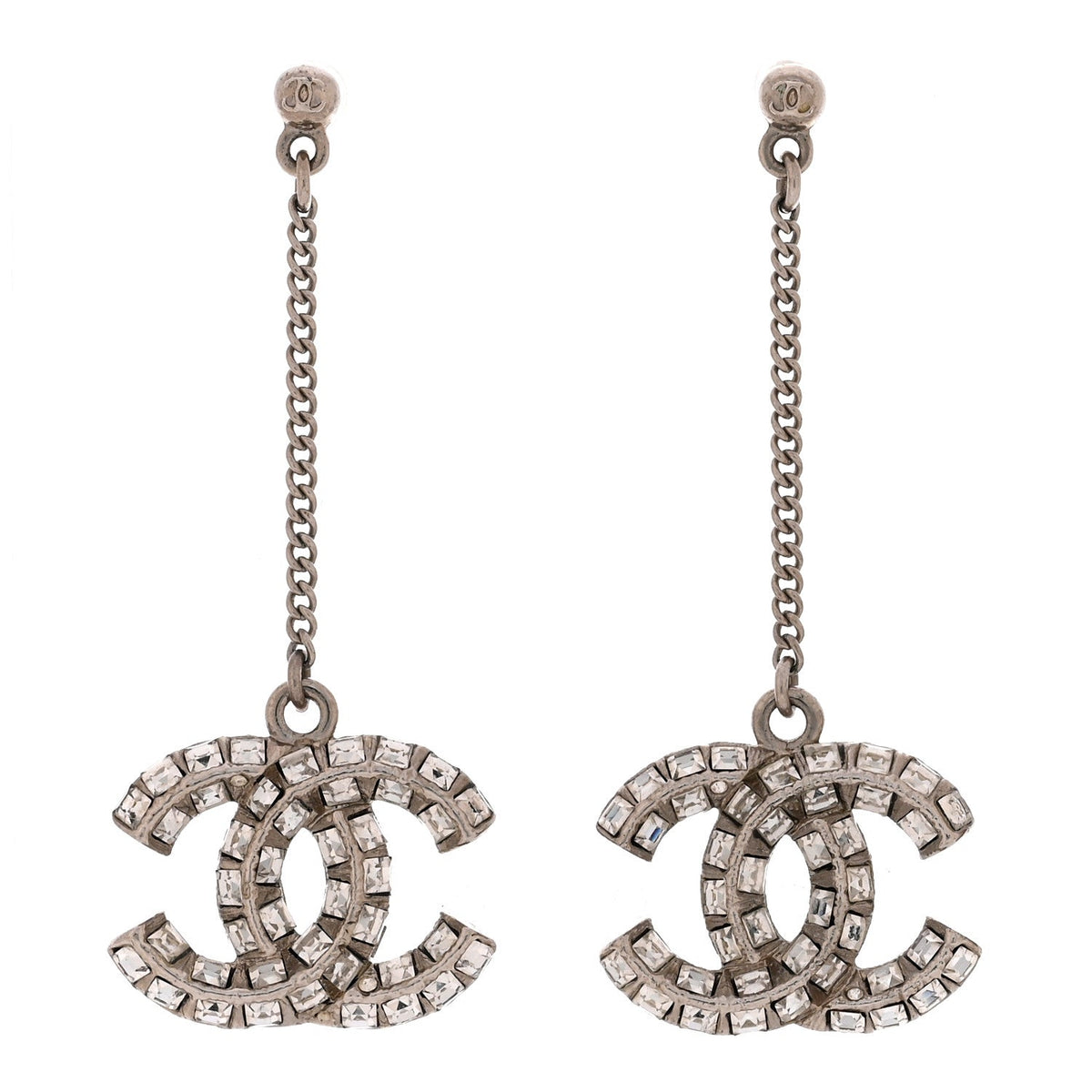 Baguette Crystal CC Drop Earrings Silver