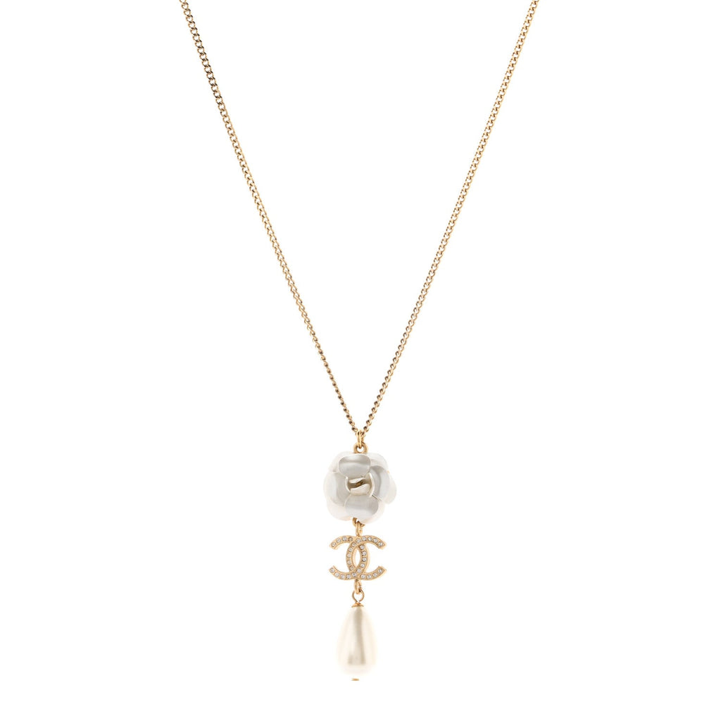 Metal Crystal Pearl 90s Camellia CC Drop Necklace Gold Pearly White