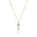 Metal Crystal Pearl 90s Camellia CC Drop Necklace Gold Pearly White