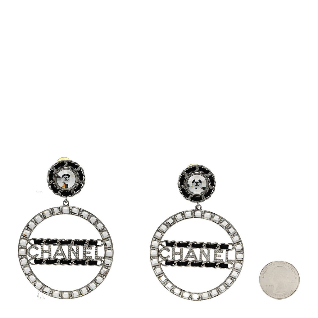 Crystal Lambskin Chain CC Hoop Clip On Earrings Black Silver