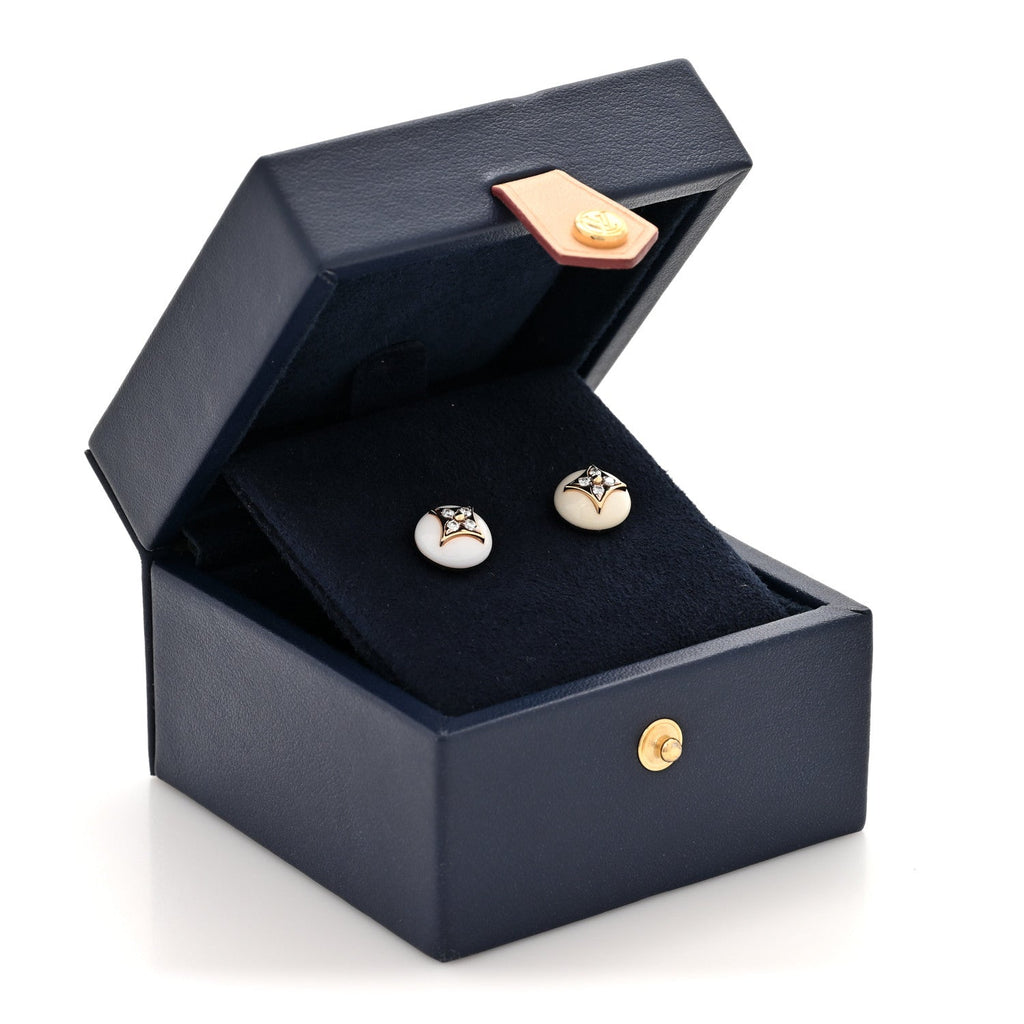 18K Yellow Gold Diamond White Agate Color Blossom BB Star Stud Earrings