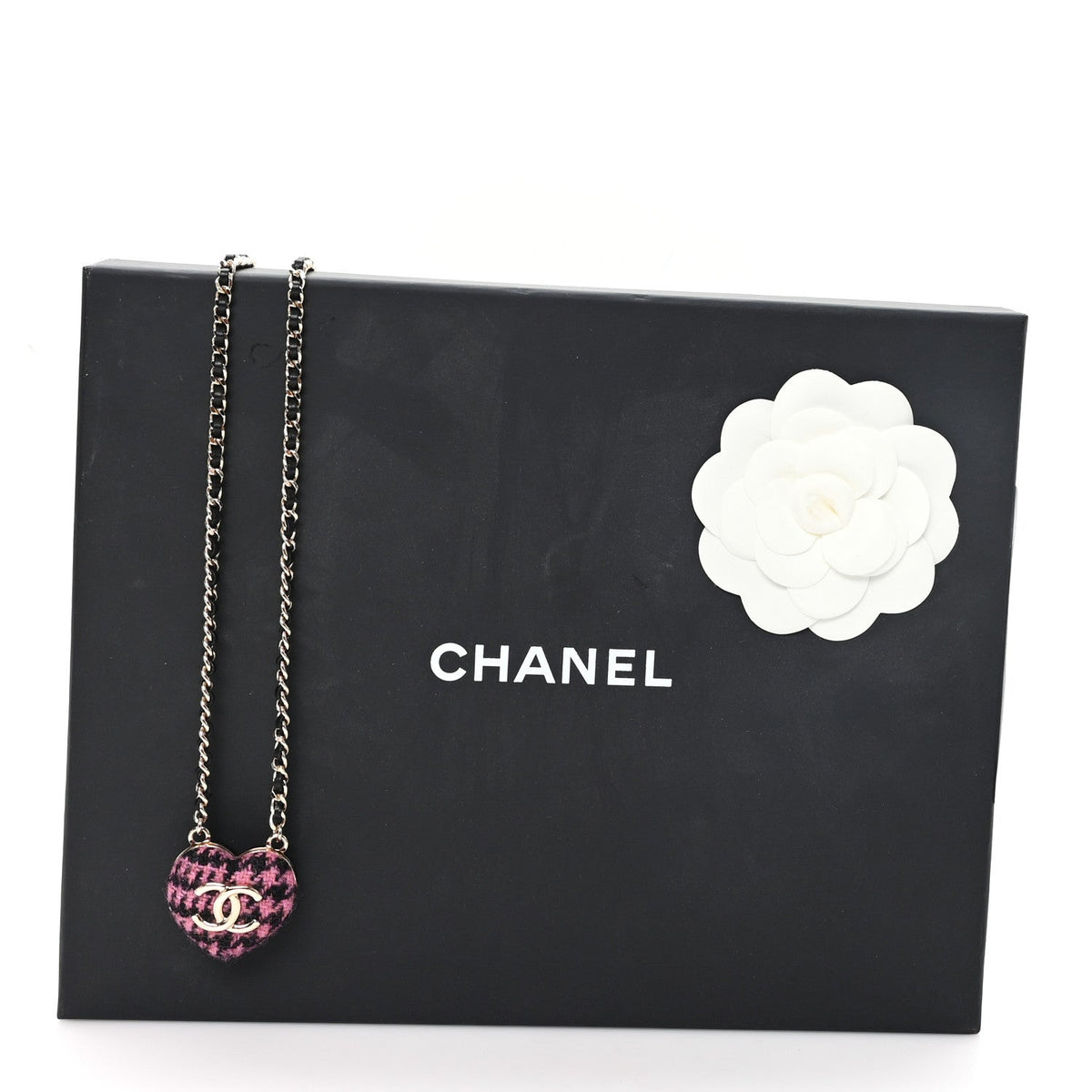 Tweed Lambskin CC Heart Locket Necklace  Gold Black Pink