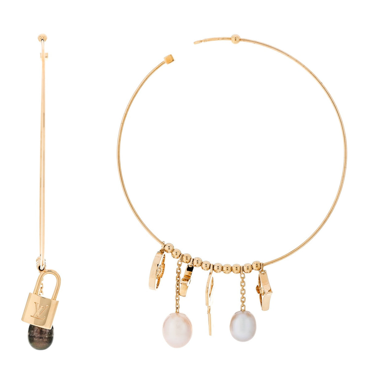 18k Yellow Gold Cultured Pearl Monogram Hoop Earrings