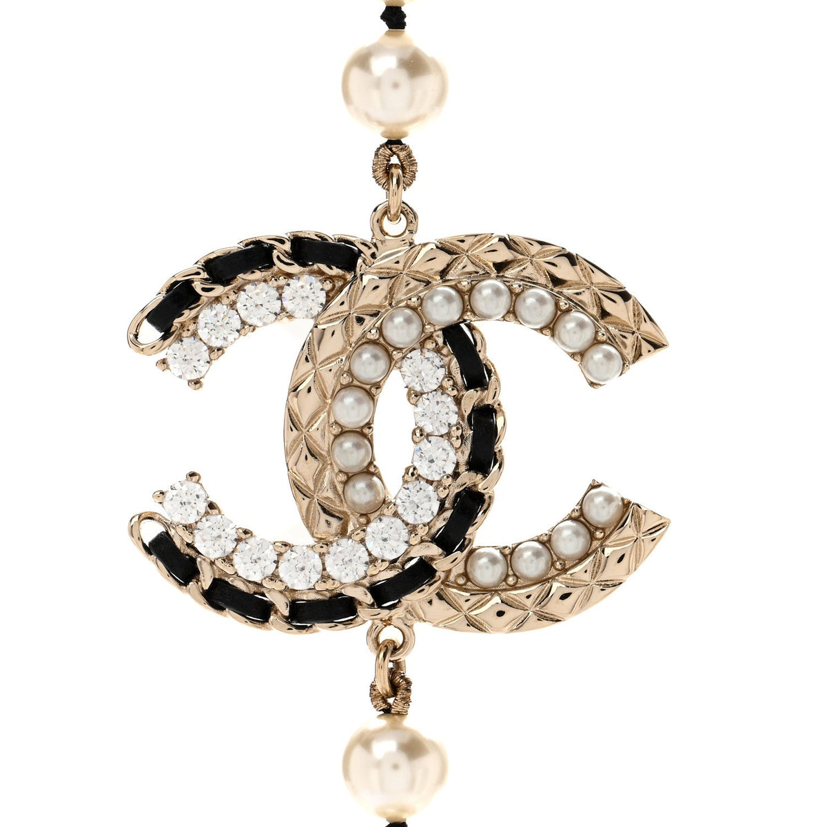 Pearl Crystal Lambskin CC Long Necklace Gold Black