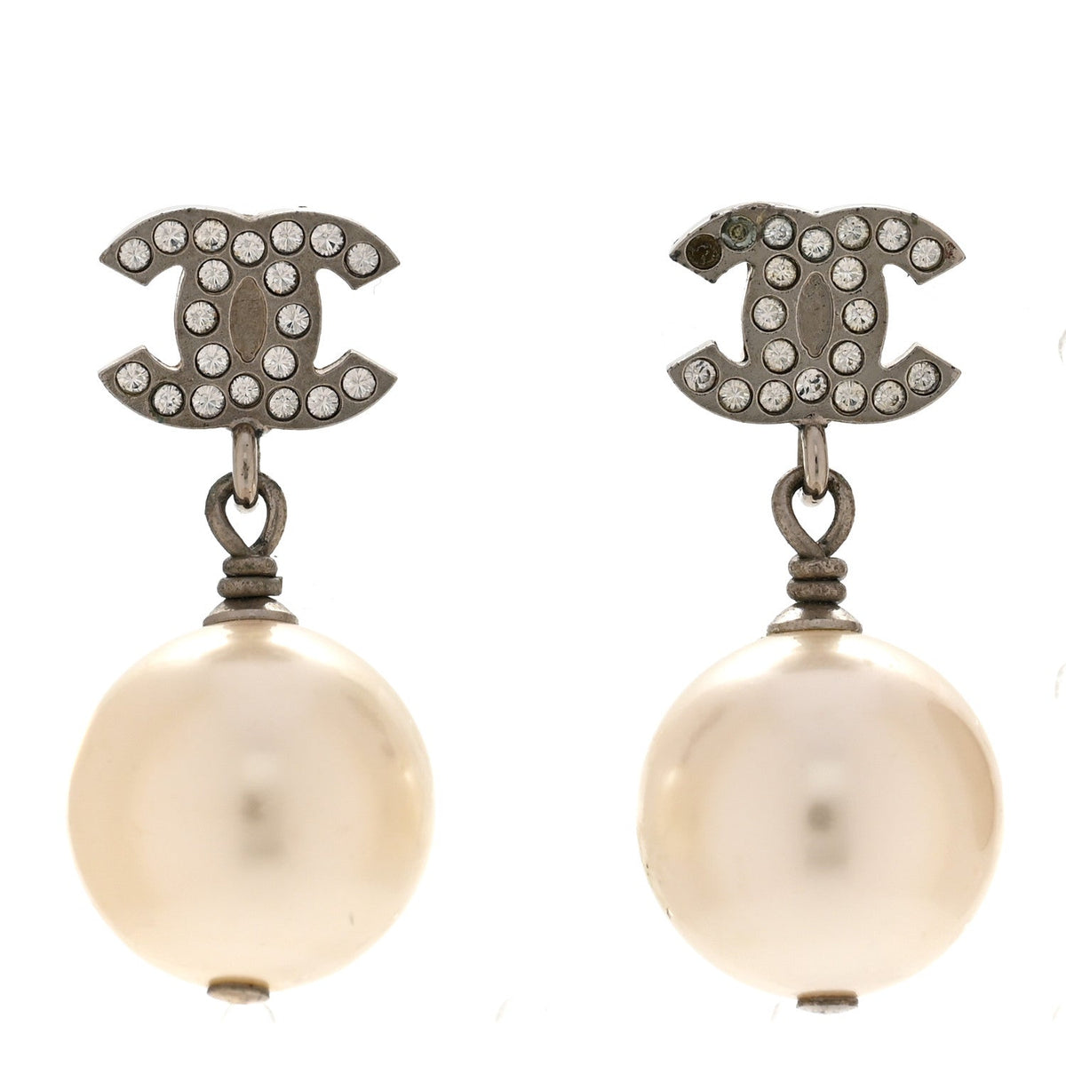 Crystal Pearl CC Drop Earrings Silver Pearly White