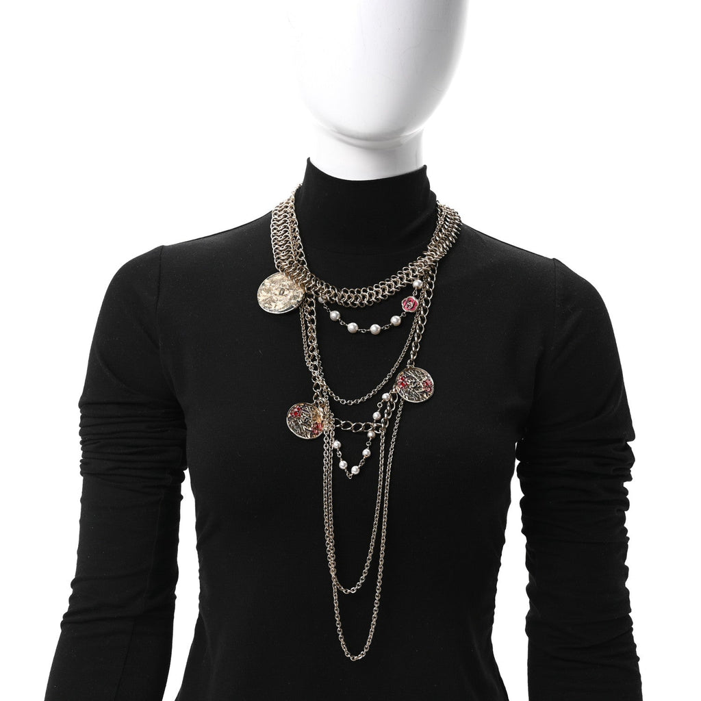 Resin Pearl Metal CC Camellia Multi Strand Chain Necklace Pink Gold