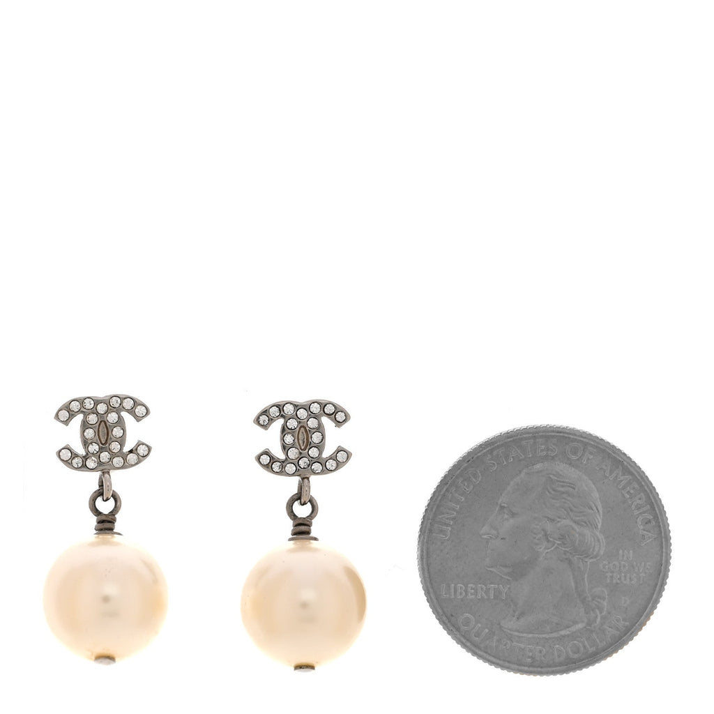 Crystal Pearl CC Drop Earrings Silver