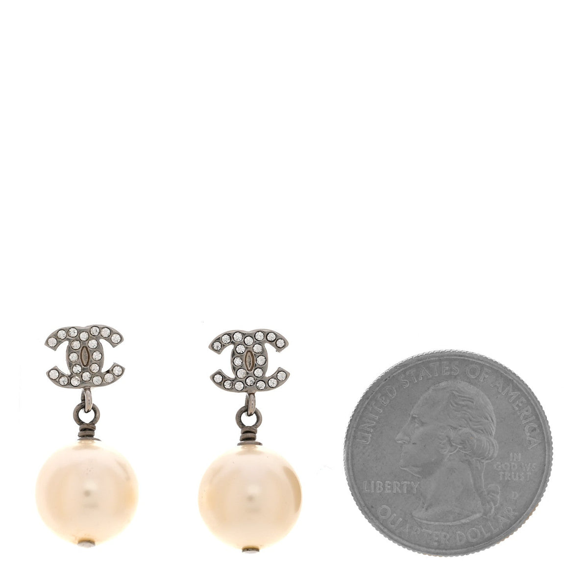 Crystal Pearl CC Drop Earrings Silver