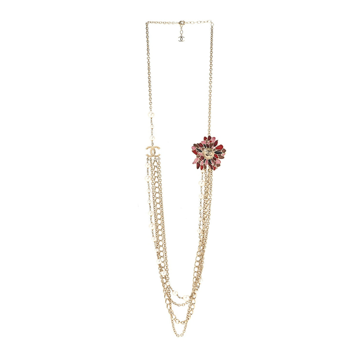 Resin Pearl Metal CC Camellia Multi Strand Long Necklace Gold Pink Multicolor