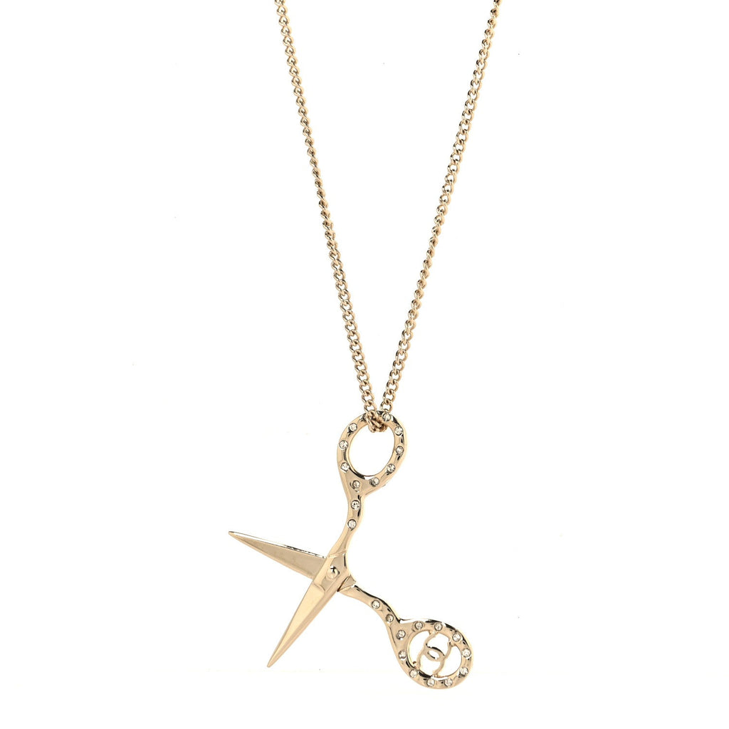 Metal Strass Crystal Scissors CC Pendant Necklace Gold