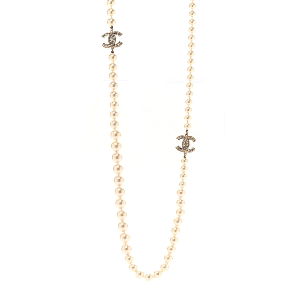 Pearl Baguette Crystal Long CC Necklace Gold